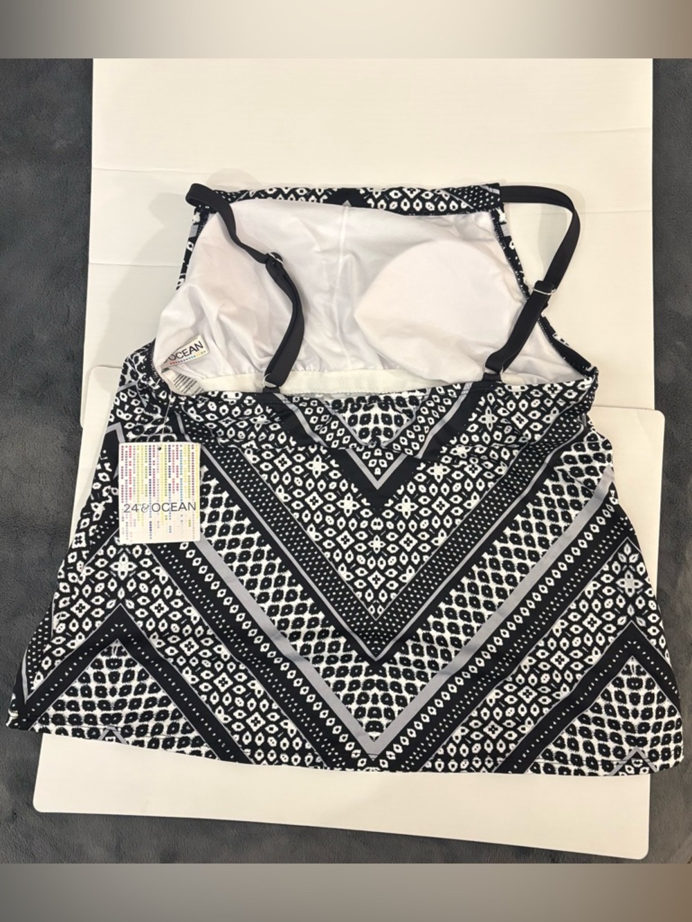 24th & Ocean Tankini Swim Top Women Large Black White Geometric High Neck Large - Picture 2 of 4